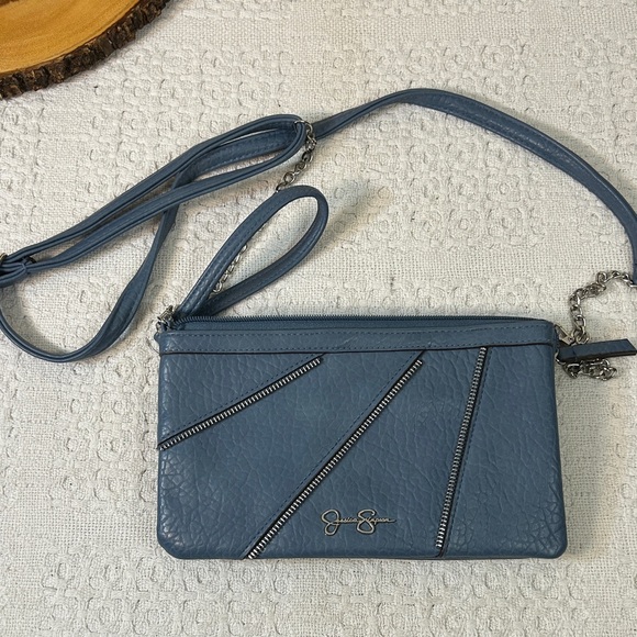 Jessica Simpson Blue Leather Crossbody Bag or wristlet multi pockets - Picture 1 of 8